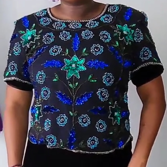 Vintage black silk beaded sequin top sz XL - Picture 2 of 2